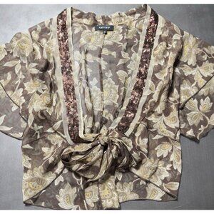 Karen Cane Sheer Tie Waist Kimono Bolero‎ Top Brown Sequin Floral Fairycore M